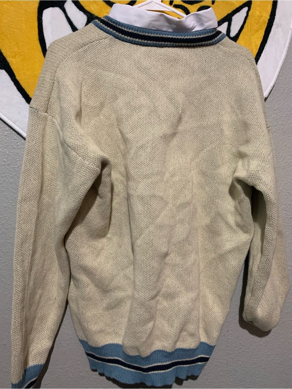 Men's Cream Crewneck Sweater with Blue Trim